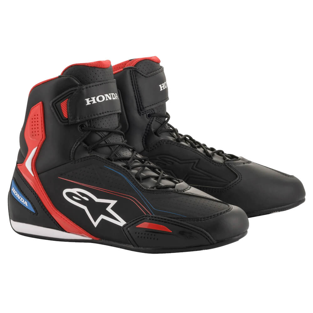 Alpinestars Honda Faster-3 Shoes Black / Red / Blue | Front 3qtr | Honda Direct
