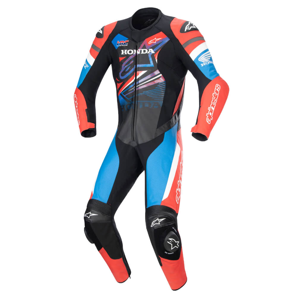 Alpinestars Honda GP Force Leather Suit Black / Bright Red / Blue | Front 3qtr | Honda Direct