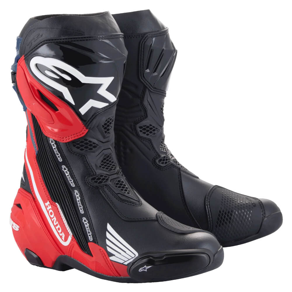 Alpinestars Honda Supertech R Boots Black / Bright Red / Blue | Front 3qtr | Honda Direct