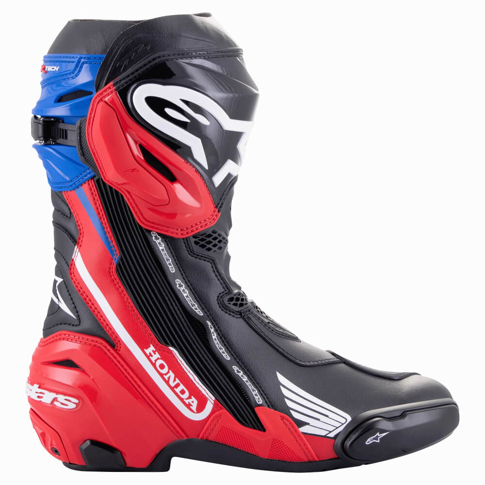 Alpinestars Honda Supertech R Boots Black / Bright Red / Blue | Outer Side | Honda Direct