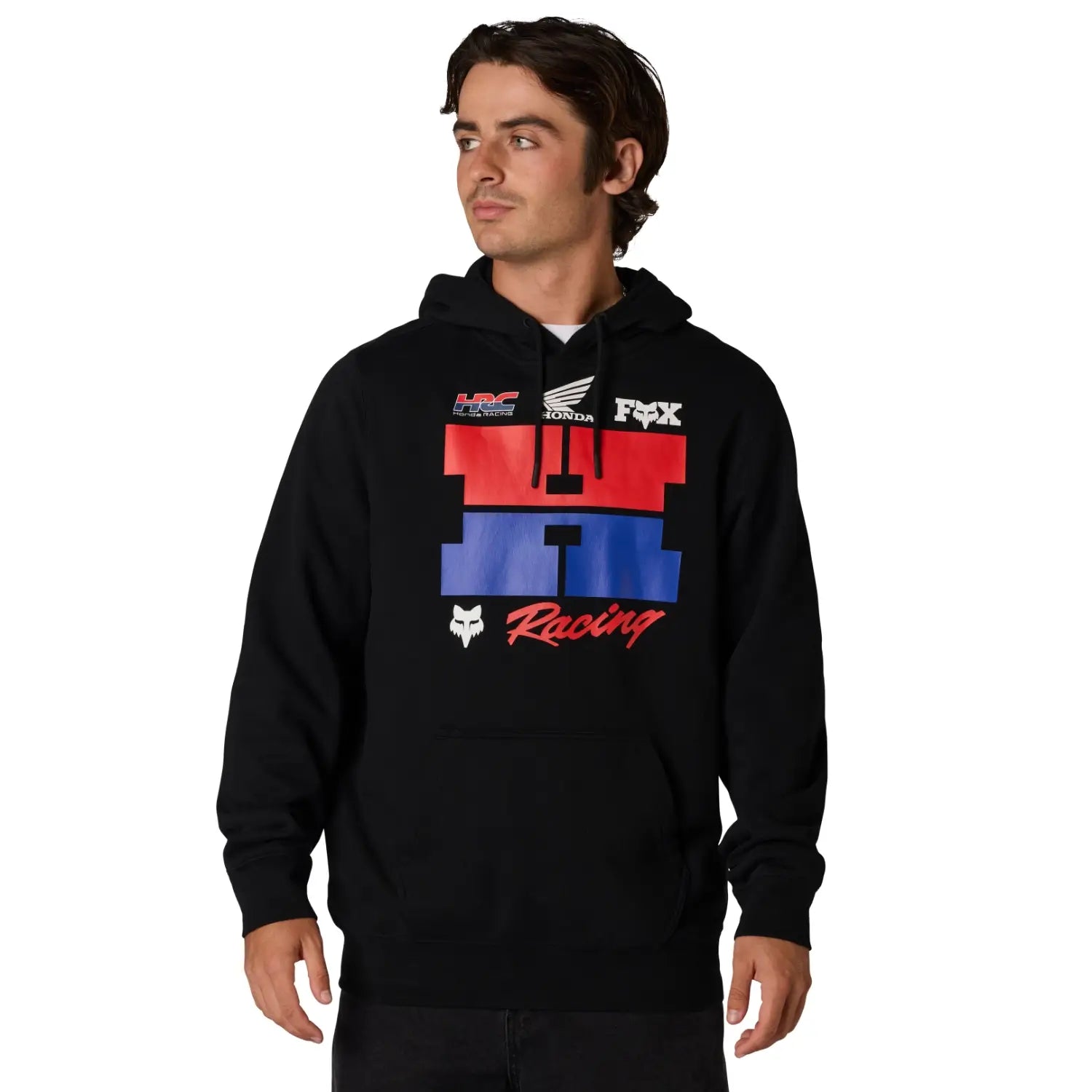 Fox x Honda Fleece Hoodie Black | Modelled Front | Honda Direct