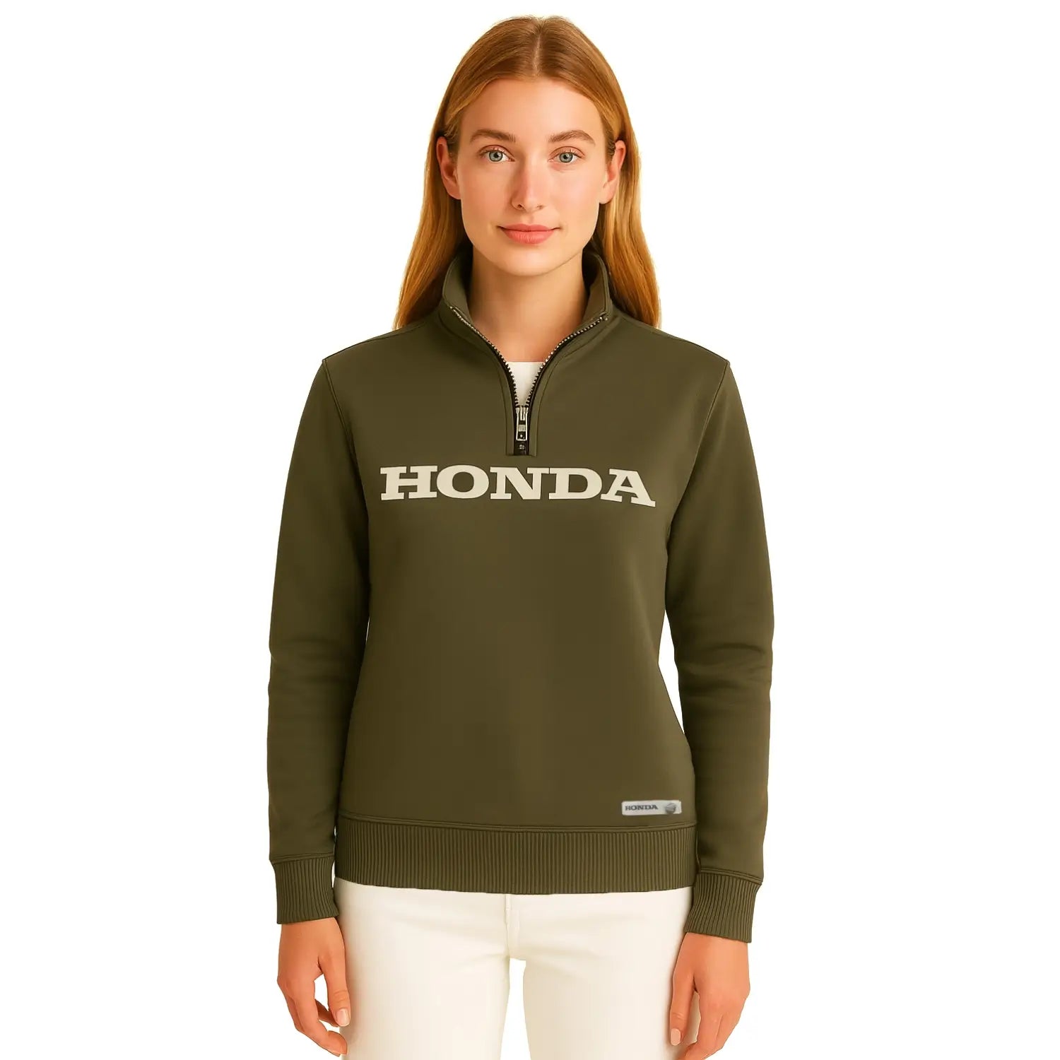 Honda Quarter Zip Sweatshirt Olive Green | Modelled Front | Honda Direct