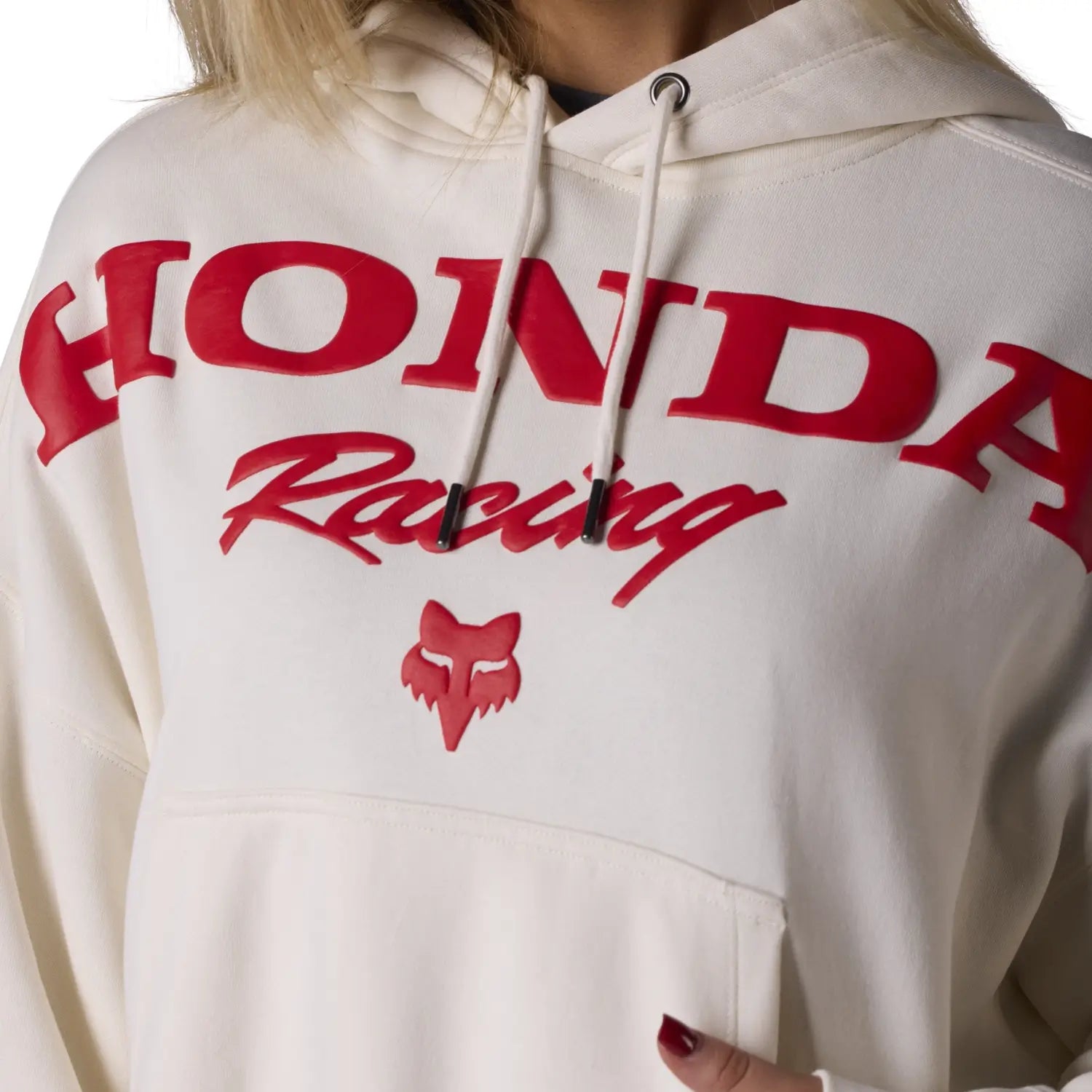 Fox x Honda Women's Fleece Hoodie Off White | Front Detail | Honda Direct