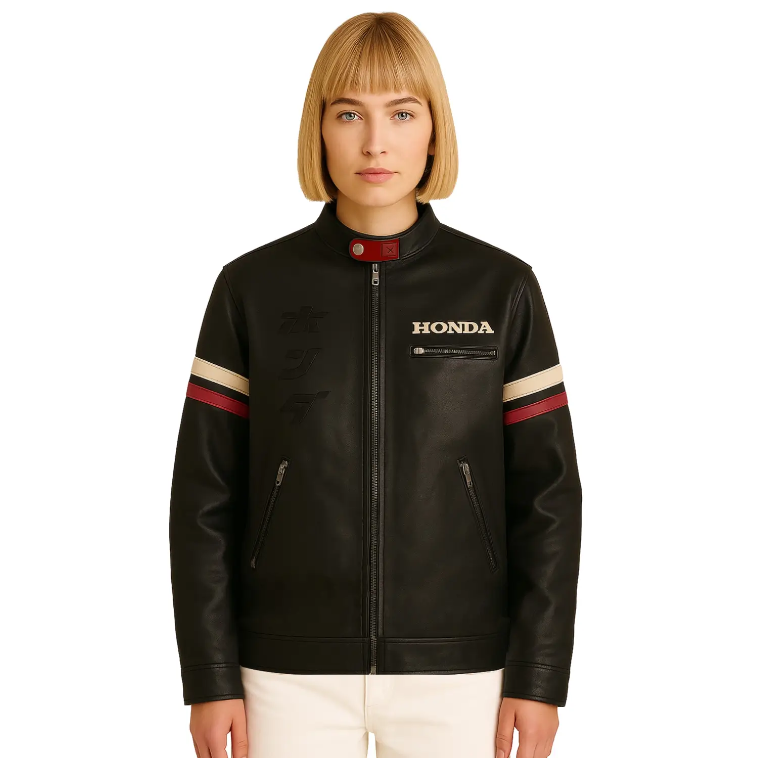 Honda Heritage Leather Jacket Black | Modelled Front | Honda Direct