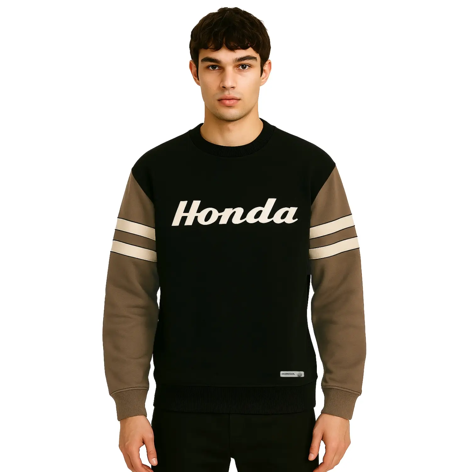 Honda Stripes Crewneck Black / Sand | Modelled Front | Honda Direct