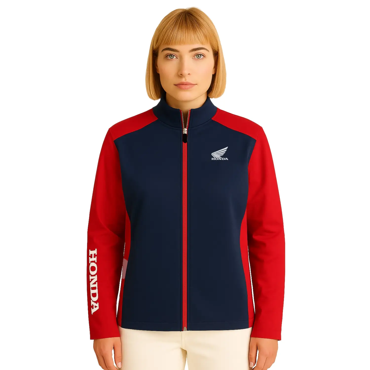 Honda Wing Sporty Fleece Blue & Red | Modelled Front | Honda Direct